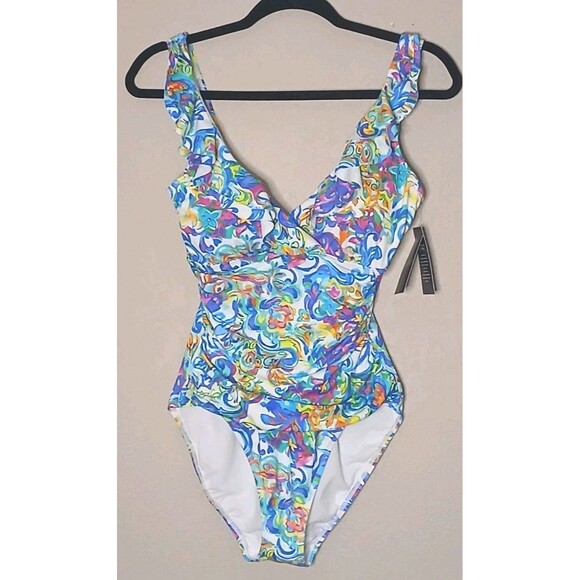LAUREN Ralph Lauren Swimsuit Sz 8 Ruffle V-neck One Piece Multi Print - Picture 2 of 15